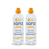 The fronts of two Sanz laundry detergent bottles.