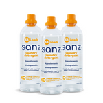 The fronts of three Sanz laundry detergent bottles.