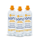 The fronts of three Sanz laundry detergent bottles.
