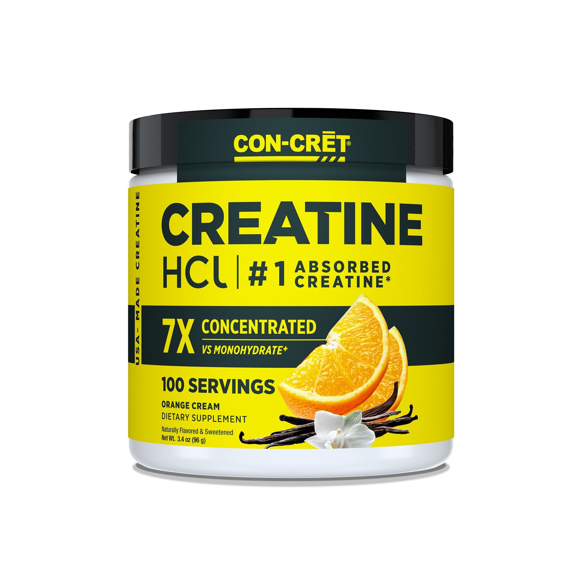 CON-CRĒT Creatine supplement container with orange cream flavor on a white background