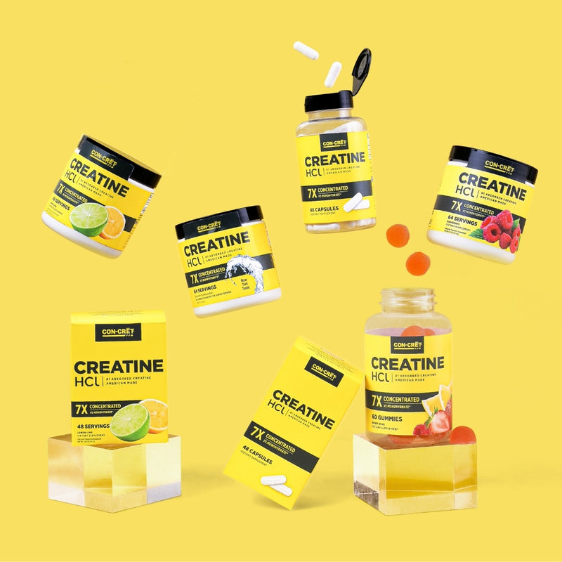 Collection of CON-CRĒT Creatine HCl products on a yellow background
