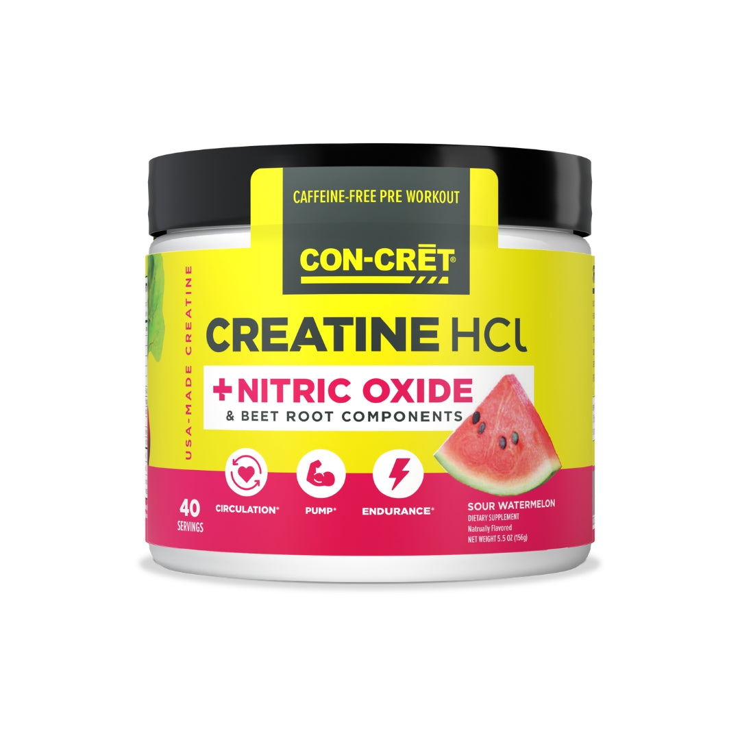 CON-CRĒT Creatine HCl + Nitric Oxide Sour Watermelon supplement on a white background