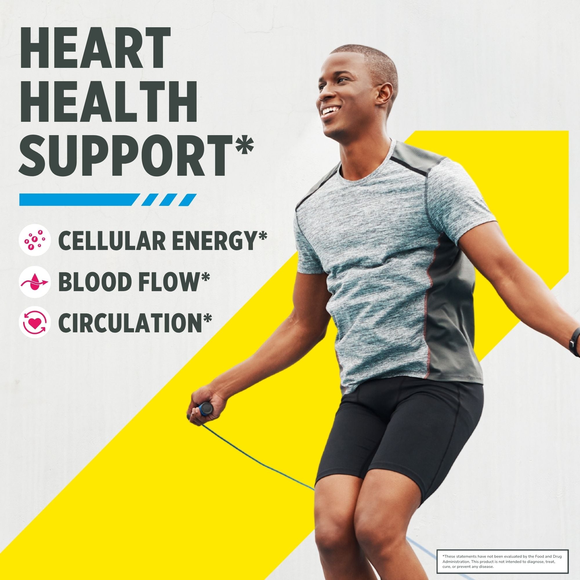 Man jumping rope with text about heart health support on a yellow and gray background