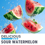 Slices of watermelon with a splash effect on a blue background, featuring the text 'Delicious Sour Watermelon'.