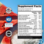 Supplement label for CON-CRĒT + Nitric Oxide with watermelon slices and nutritional information on a blue background