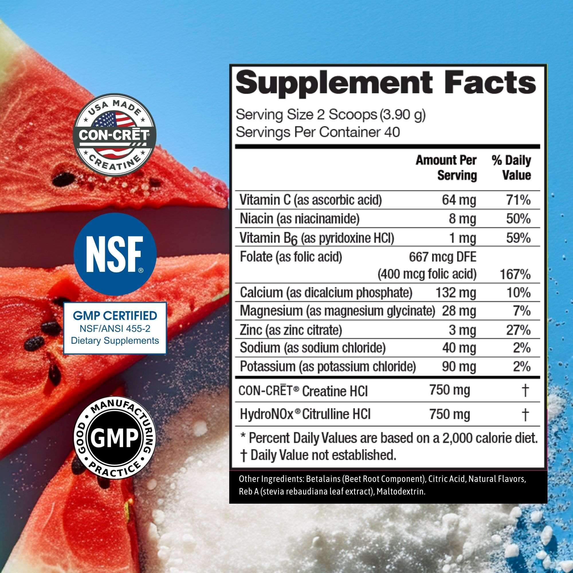Supplement label for CON-CRĒT + Nitric Oxide with watermelon slices and nutritional information on a blue background