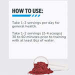 Instructions on how to use a supplement with a scoop of red powder on a white background