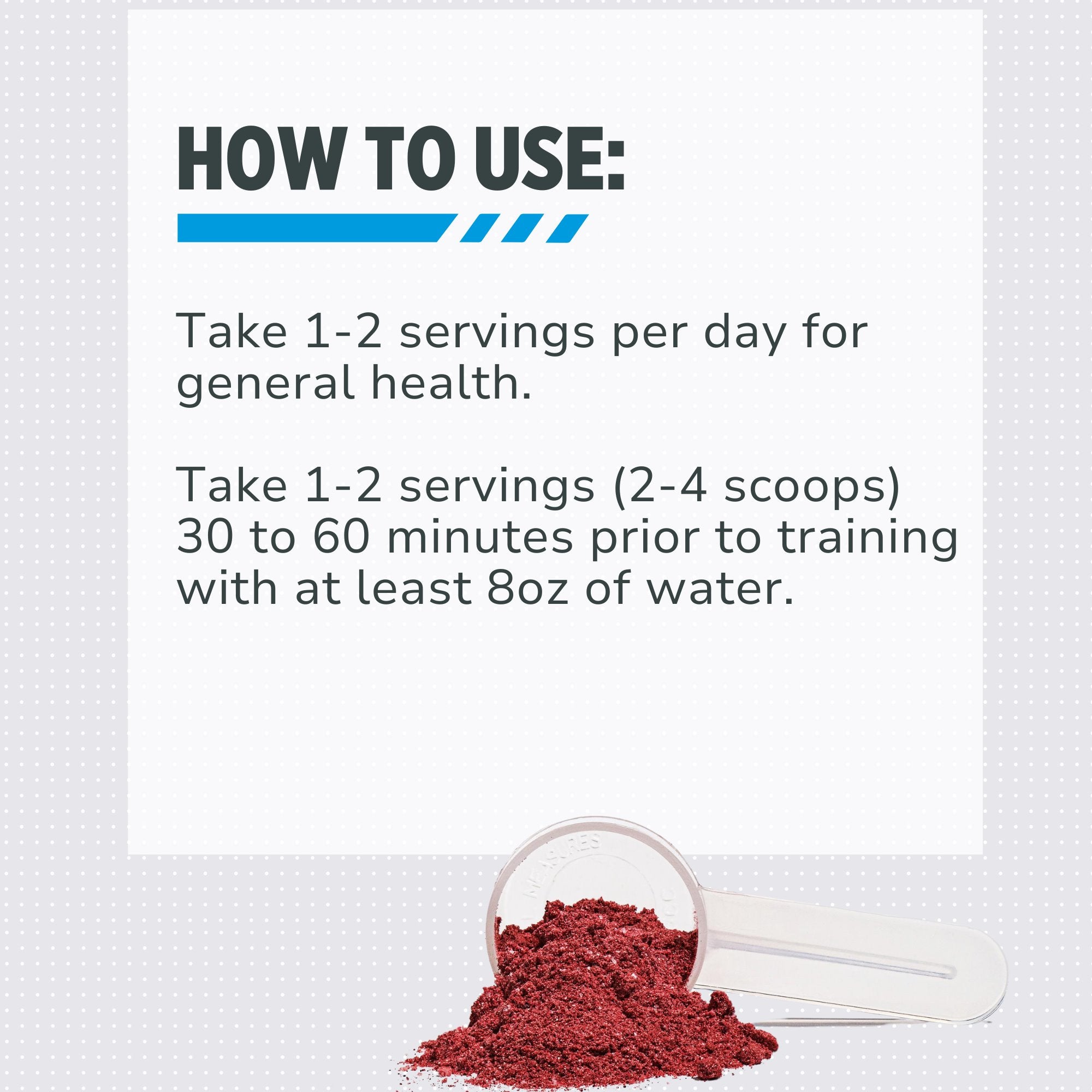 Instructions on how to use a supplement with a scoop of red powder on a white background