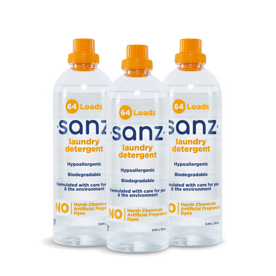 The fronts of three Sanz laundry detergent bottles.